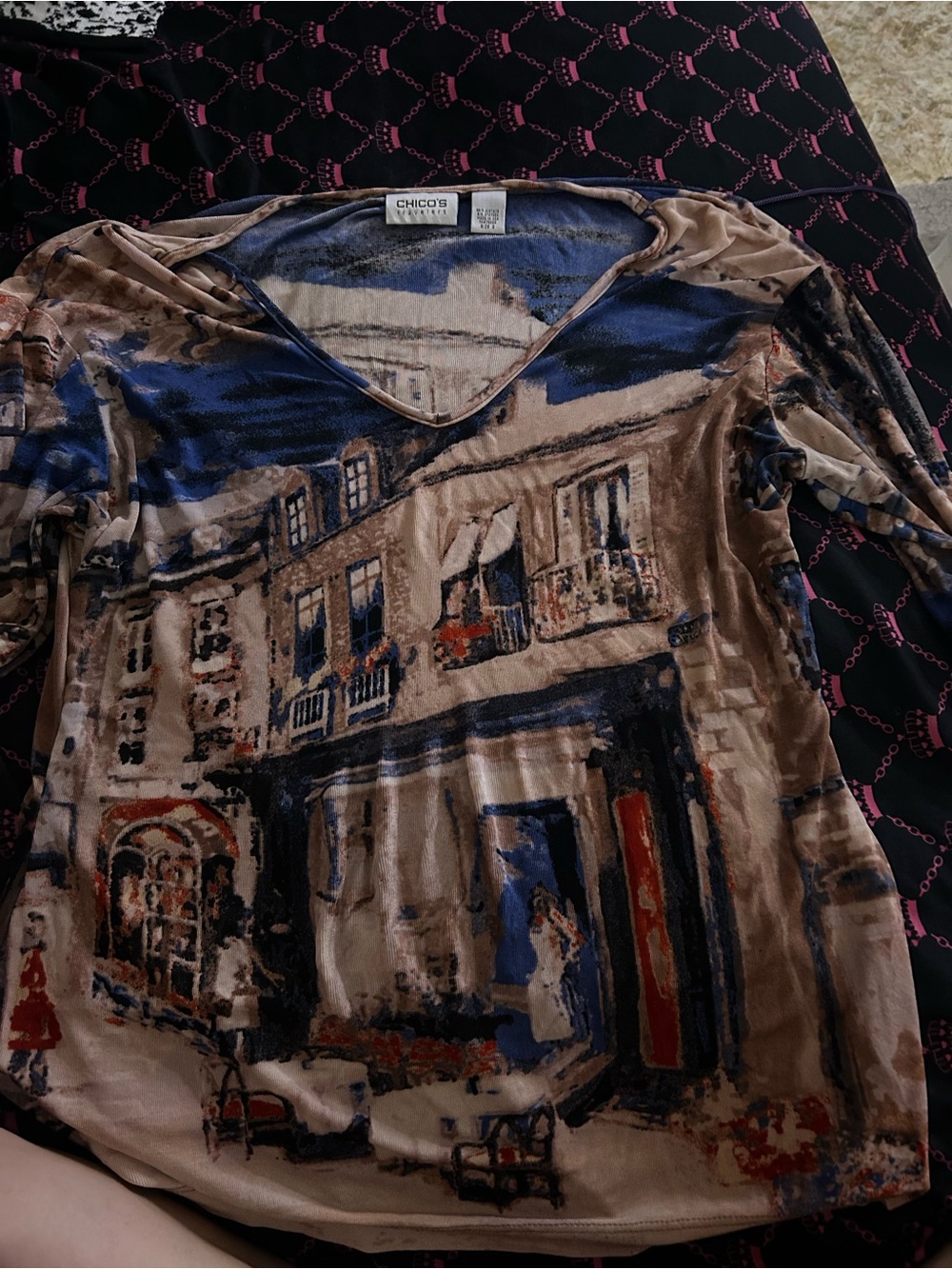 Chico's Scenic Print V-Neck Top in Navy, Beige and Pink Accent